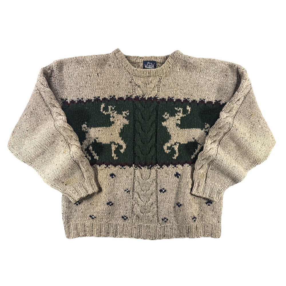Vintage‎ Woolrich Sweater Men's XL  Cream Cable Knit Deer Granola Outdoors Wool